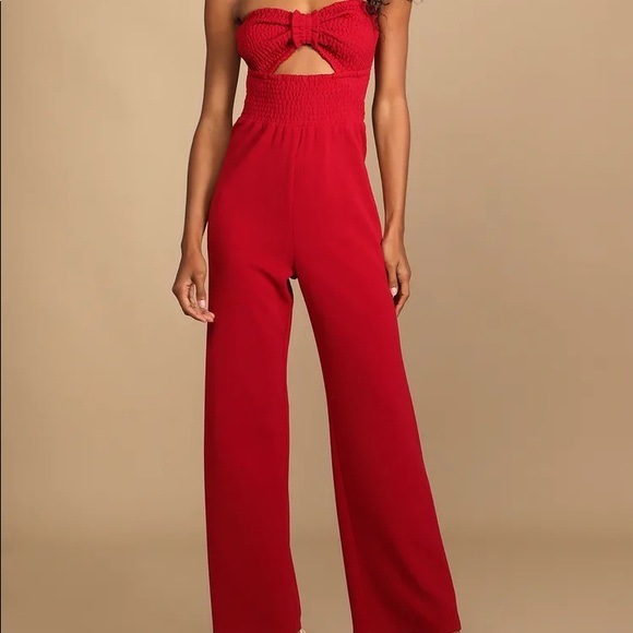 Lulus Pants - Bow Up Brick Red Smocked Strapless Wide-Leg Jumpsuit